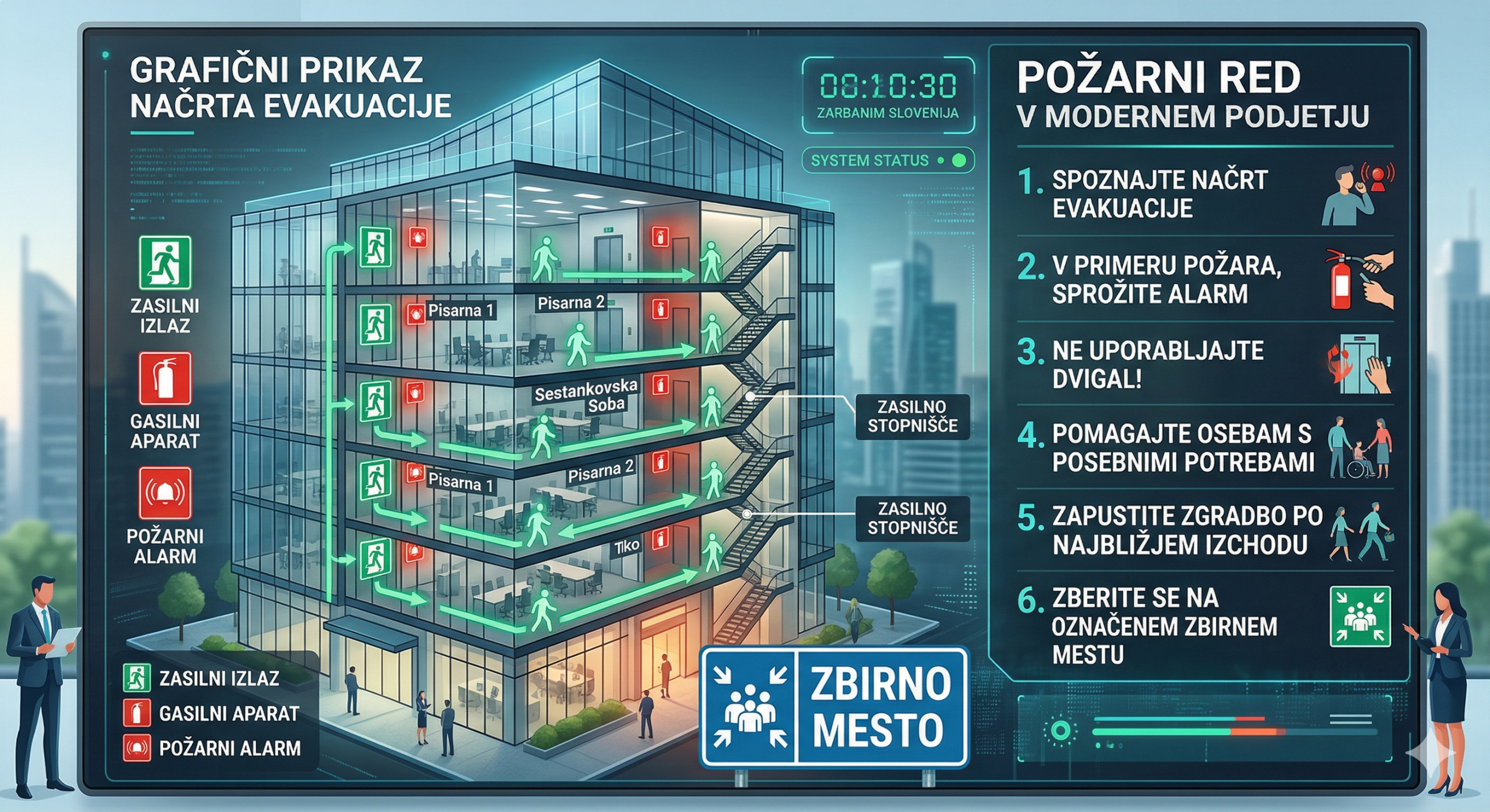 Grafični prikaz načrta evakuacije in požarnega reda v moderni poslovni stavbi